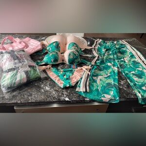 5 pieces listing: bombshell top, scrunch bottoms, towel, purse, coverup pants